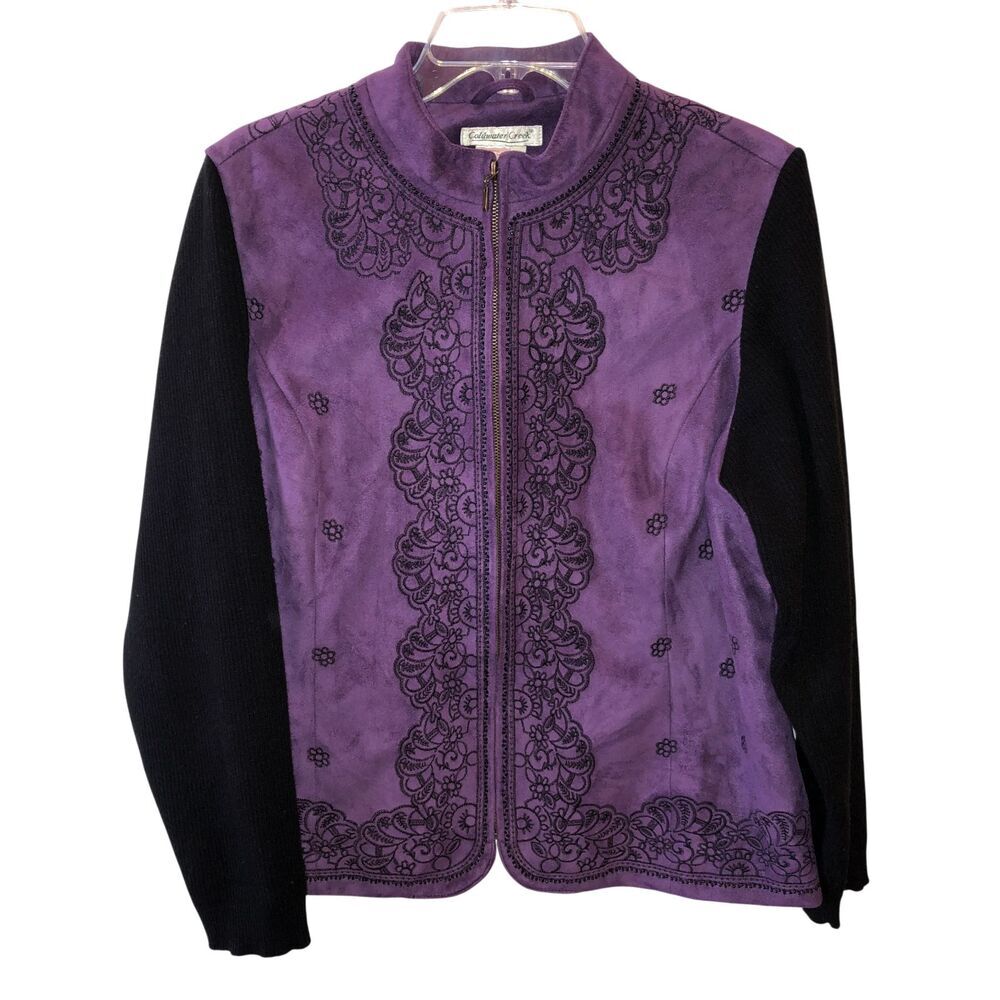 Coldwater Creek Size 1X Purple Emboidered Faux Suede Full Zip Front Jacket Coat